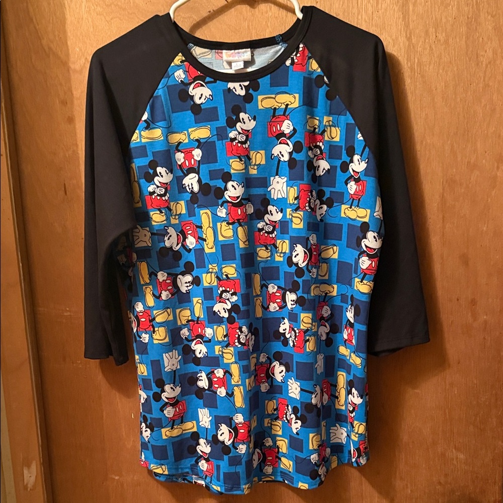 LuLaRoe Blue Mickey Mouse Raglan Top with Black Sleeves